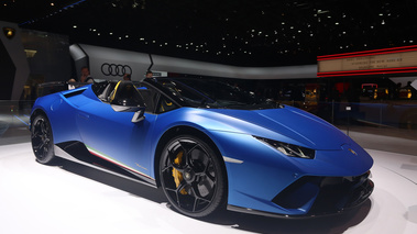 Salon de Genève 2018 - Lamborghini Huracan Performante Spyder bleu mate 3/4 avant droit